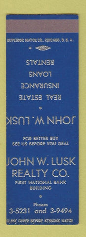 Matchbook Cover - John Lusk Real Estate Insurance  SAMPLE