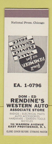 Matchbook Cover - Rendine's Western Bicycles Hardware East Providence RI SAMPLE