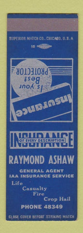 Matchbook Cover - Raymond Ashaw Insurance  SAMPLE