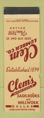 Matchbook Cover - Clem's Sash Doors Millwork Dallas TX WEAR SAMPLE