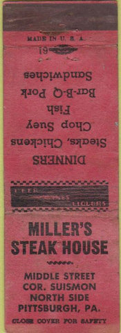 Matchbook Cover - Miller's Steak House Pittsburgh PA WORN