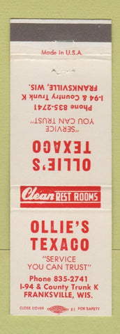 Matchbook Cover - Texaco oil gas Ollie's Franksville WI