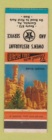 Matchbook Cover - Texaco oil gas Owen's Restaurant Costello PA