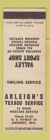 Matchbook Cover - Valley Sport Shop Arleigh's Texaco oil gas Amherst WI