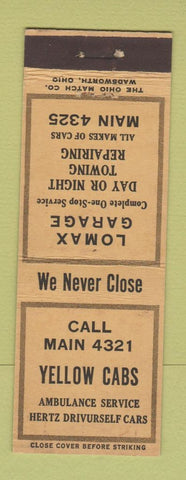 Matchbook Cover - Lomax Garage Taxi Cab Hertz Car Rentals