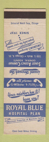 Matchbook Cover - Royal Blue Hospital Plan Insurance Chicago IL