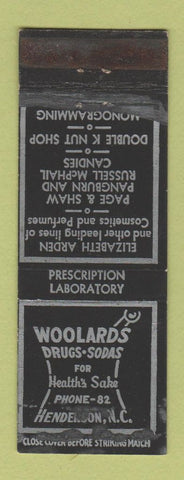 Matchbook Cover - Woolards Drugs Henderson NC WORN