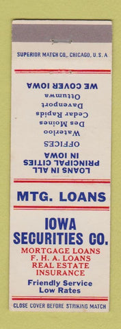 Matchbook Cover - Iowa Securities Insurance Real Estate Waterloo Des Moines IA
