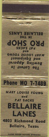 Matchbook Cover - Bellaire Lanes bowling TX