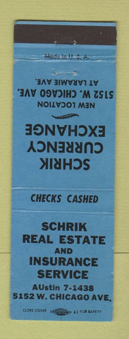Matchbook Cover - Schrik Real Estate Insurance Chicago IL Currency Exchange BLUE