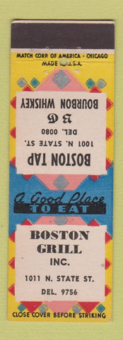 Matchbook Cover - Boston Grill Chicago IL Bourbon Whiskey