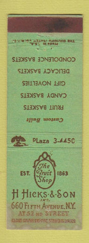 Matchbook Cover - H Hicks & Son New York City gift baskets WORN