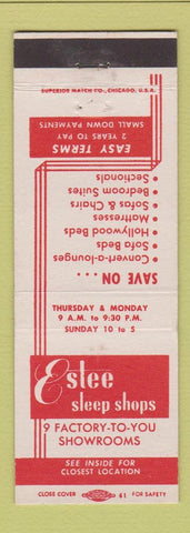 Matchbook Cover - Estee Sleep Shops Beds Chicago IL Milwaukee WI