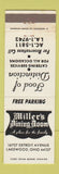 Matchbook Cover - Miller's Dining Room Lakewood OH