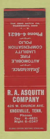 Matchbook Cover - AA Asquith Insurance Knoxville TN