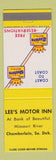 Matchbook Cover - Lee's Motor Inn Chamberlain SD Best Western
