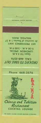 Matchbook Cover - Ba Bia Chinese Tahitian Restaurant Walpole MA