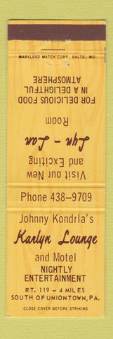 Matchbook Cover - Karlyn Lounge Uniontown PA Johnny Kondrla's
