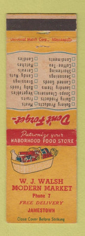 Matchbook Cover - WJ Walsh Modern Market Jamestown low phone # ND? WEAR