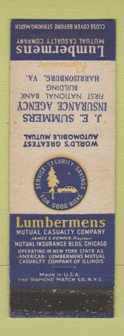 Matchbook Cover - JE Summers Insurance Lumbermens Harrisonburg VA WORN
