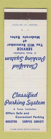 Matchbook Cover - Classified Parking System Houston Corpus Christi TX