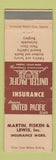 Matchbook Cover - United Pacific Insurancde Martin Fisken Lewis WEAR