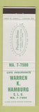 Matchbook Cover - Warren Hamburg Insurance