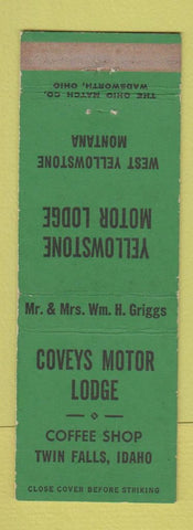 Matchbook Cover - Coveys Motor Lodge Twin Falls ID West Yellowstone MT