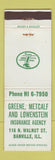 Matchbook Cover - Greene Metcalf and Lowenstein Insurance Danville IL