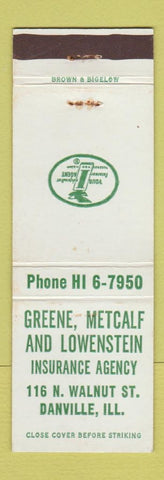 Matchbook Cover - Greene Metcalf and Lowenstein Insurance Danville IL