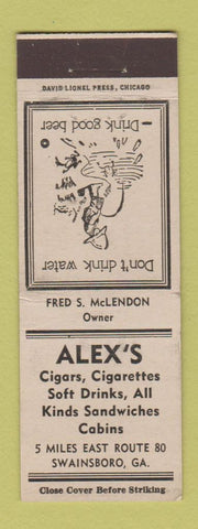 Matchbook Cover - Alex's Swainsboro GA WHITE