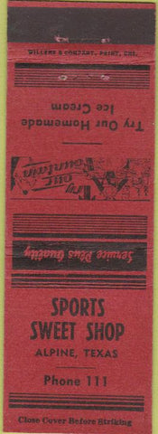 Matchbook Cover - Sports Sweet Shop Alpine TX ice cream red