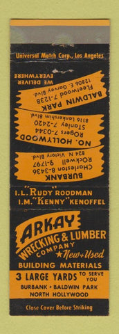 Matchbook Cover - Arkay Wrecking Lumber North Hollywood Burbank CA