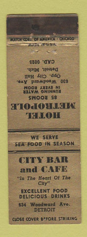 Matchbook Cover - City Bar Cafe Detroit MI Hotel Metropole WEAR