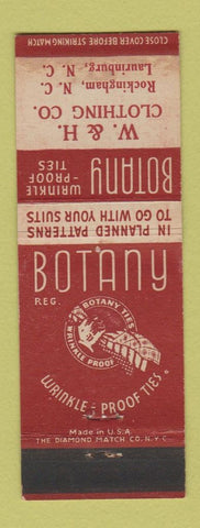 Matchbook Cover - Botany Men's Clothes Tires W&H Rockingham Laurinburg NC WEAR