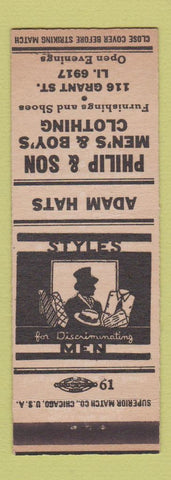 Matchbook Cover - Philip & Son Men's Clothes Adam Hats