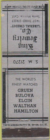 Matchbook Cover - King Jewelry Santa Monica CA Elgin Hamilton Bulova Gruen
