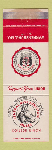Matchbook Cover - Central Missouri State College Mules Warrensburg MO WORN