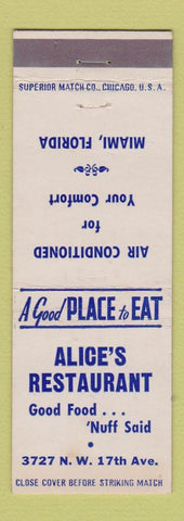 Matchbook Cover - Alice's Restaurant Miami FL