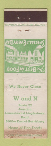 Matchbook Cover - W and N Harrisburg PA restaurant STAINED WORN