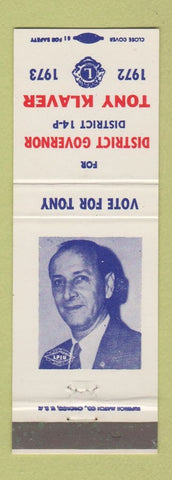 Matchbook Cover - District Governor Election Lions Club Tony Klaver 1973