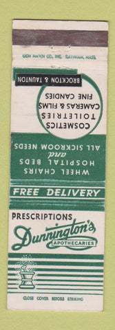 Matchbook Cover - Dunnington's Drug Store Brockton Taunton MA WEAR