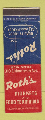 Matchbook Cover - Roth's Markets Grocery Los Angeles Santa Monica Downey CA