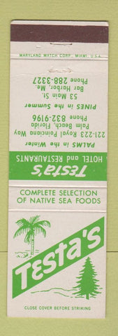 Matchbook Cover - Testa's Hotel Restaurants Bar Harbor ME Palm Beach FL