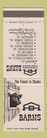 Matchbook Cover - Aberdeen Barns Hampton Richmond Manassas Waynesboro VA