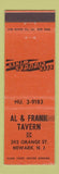 Matchbook Cover - Al & Frank Tavern Newark NJ