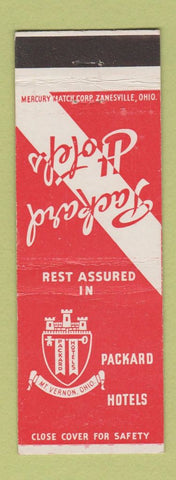 Matchbook Cover - Packard Hotels Zanesville Wooster Piqua Findlay Elyria OH