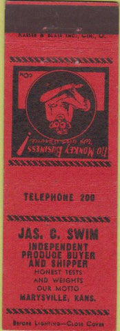 Matchbook Cover - Jas C Swin Produce buyer Marysville KS