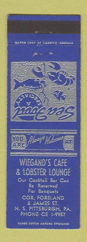 Matchbook Cover - Wiegand's Cafe Lobster Lounge Pittsburgh PA BLUE