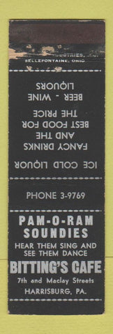 Matchbook Cover - Pam O Ram Soundries Bitting's Cafe Harrisburg PA WORN